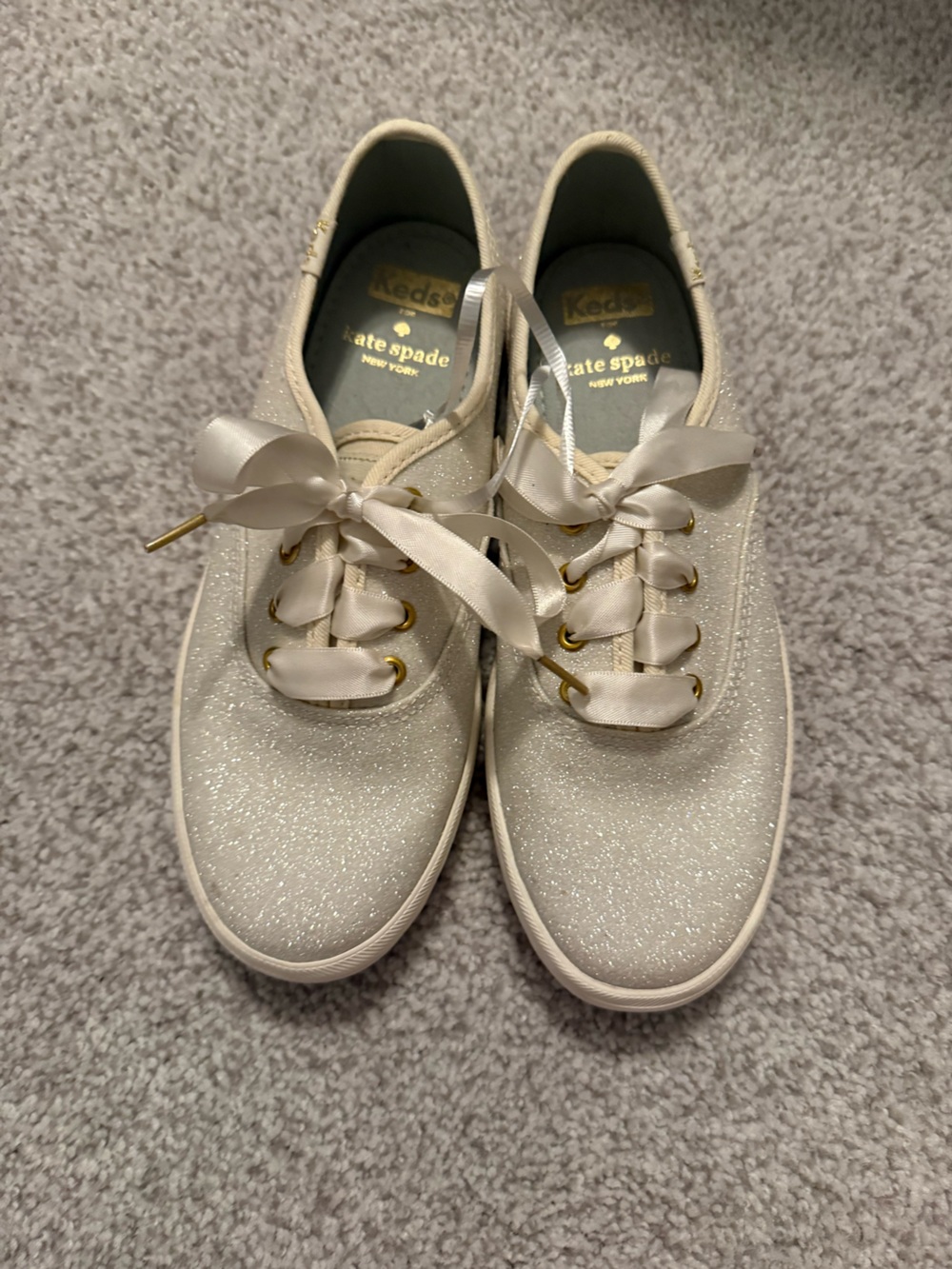 kate spade New York Ivory Glitter Ribbon Lace Sneakers
